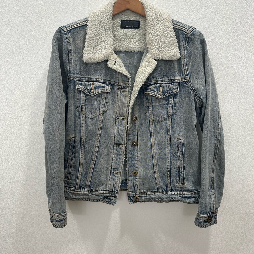 Vintage Retro Sherpa collar Denim Jean Jacket button up trucker 100% cotton